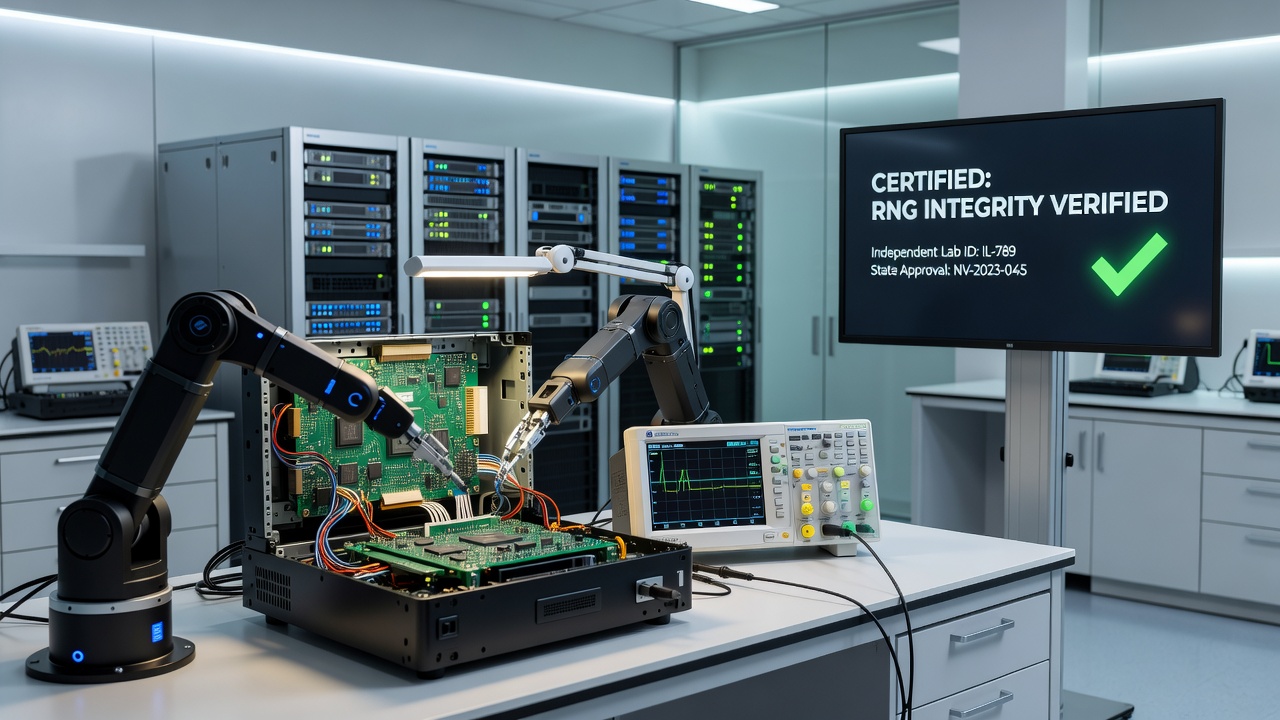 Independent lab technicians conducting RNG statistical tests on electronic gaming machine hardware in a controlled certification facility