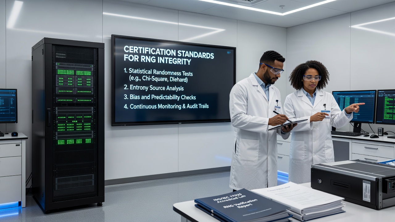Detailed view of RNG certification documentation and test equipment used by independent labs for electronic gaming machine approval