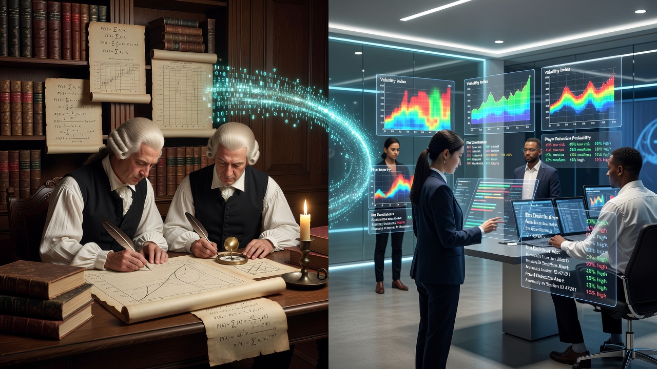 Historical probability tables and modern digital risk dashboards side by side in an iGaming control room