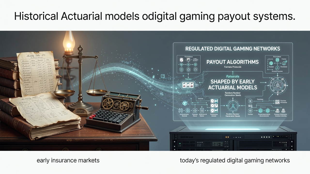 Historical documents and probability tables from 17th-century insurance markets displayed alongside modern digital gaming interface elements