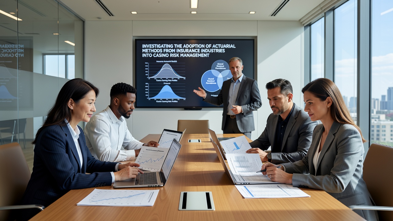 Mid-century archival photo of casino risk analysts reviewing actuarial tables adapted from insurance models for table game management