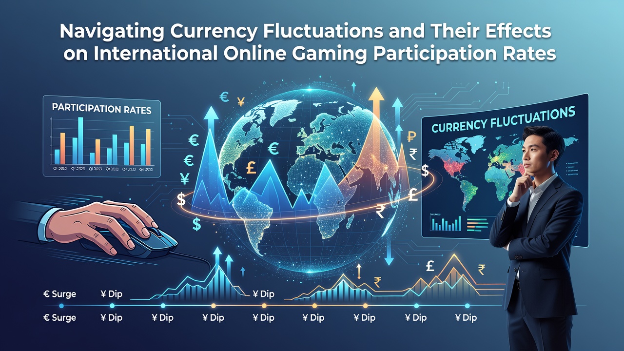 Global currency symbols overlaying online gaming interfaces showing exchange rate impacts on player deposits