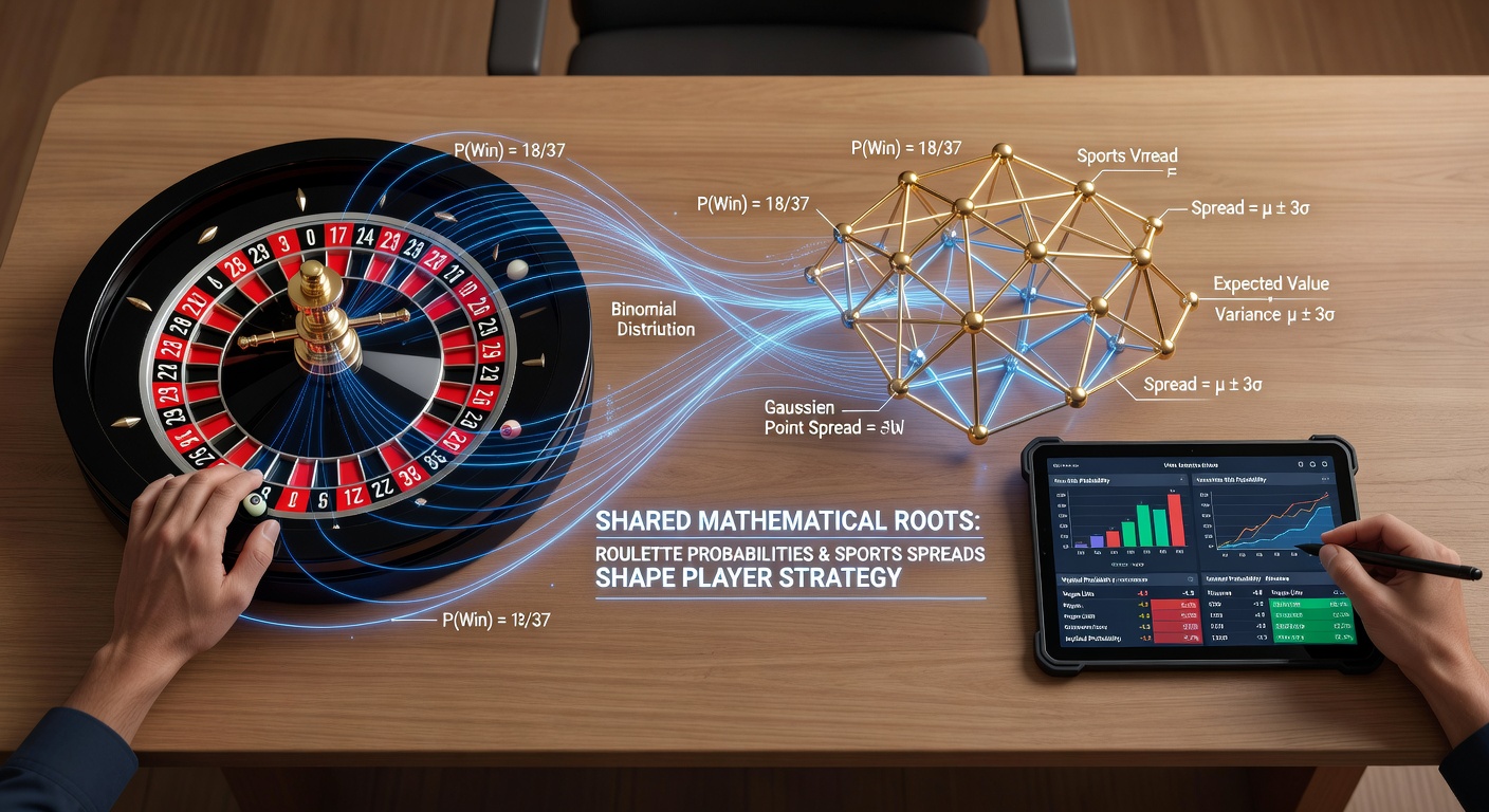 Digital interfaces showing overlapping probability graphs for roulette and sports spread betting strategies
