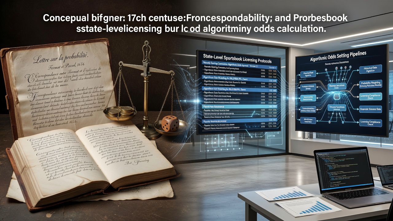 Historical manuscript pages from 17th-century French probability correspondence alongside modern algorithmic betting interfaces