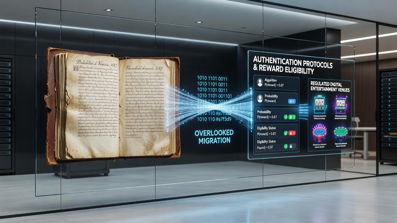 Historical Venetian ledgers displayed alongside modern digital authentication interfaces used in regulated online gaming platforms