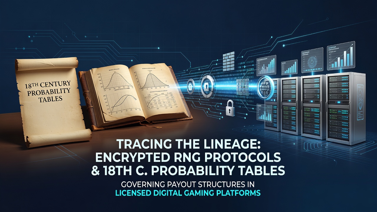 Historical probability tables from the 18th century alongside modern encrypted RNG hardware in a digital gaming lab